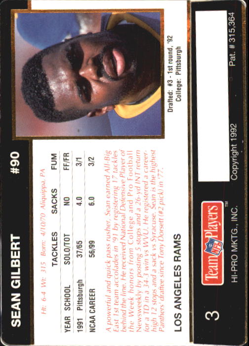 1992 Action Packed Rookie Update #3 Sean Gilbert RC back image
