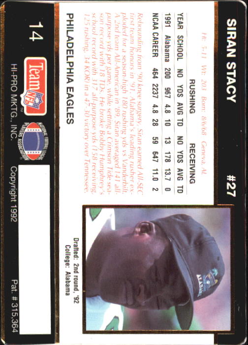 1992 Action Packed Rookie Update #14 Siran Stacy RC back image