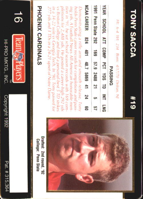 1992 Action Packed Rookie Update #16 Tony Sacca RC back image