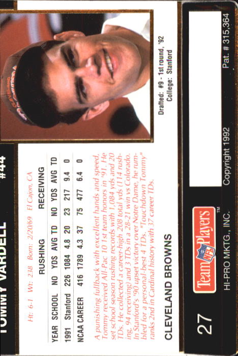 1992 Action Packed Rookie Update #27 Tommy Vardell RC back image