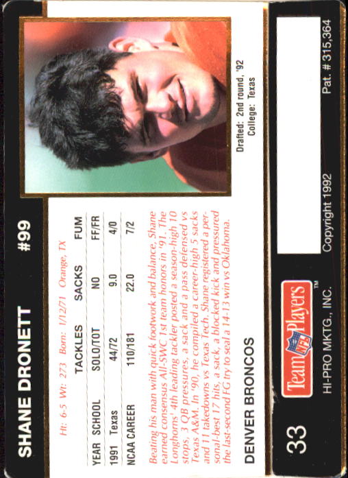 1992 Action Packed Rookie Update #33 Shane Dronett RC back image
