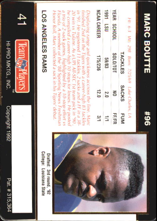 1992 Action Packed Rookie Update #41 Marc Boutte RC back image
