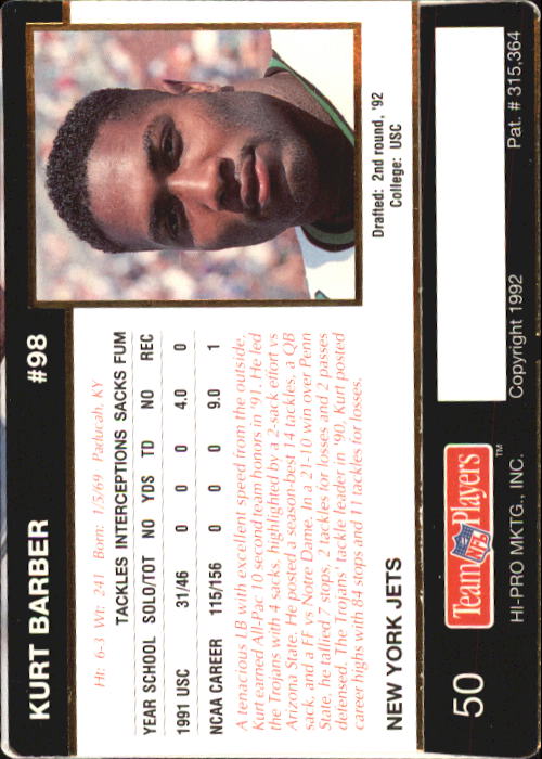 1992 Action Packed Rookie Update #50 Kurt Barber RC back image