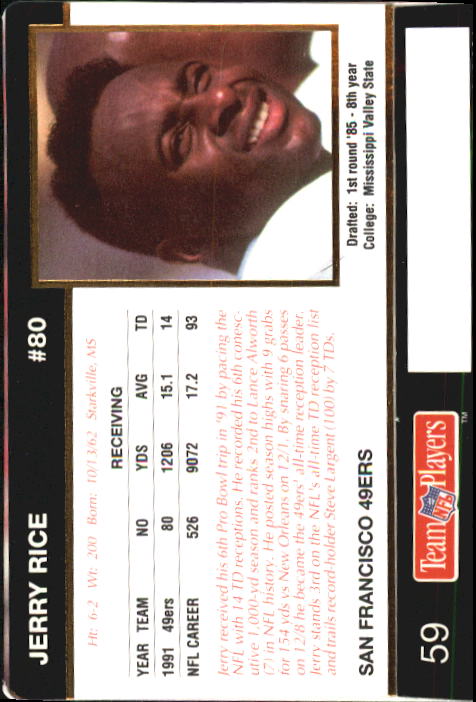 1992 Action Packed Rookie Update #59 Jerry Rice back image