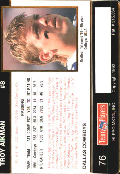 1992 Action Packed Rookie Update #76 Troy Aikman back image