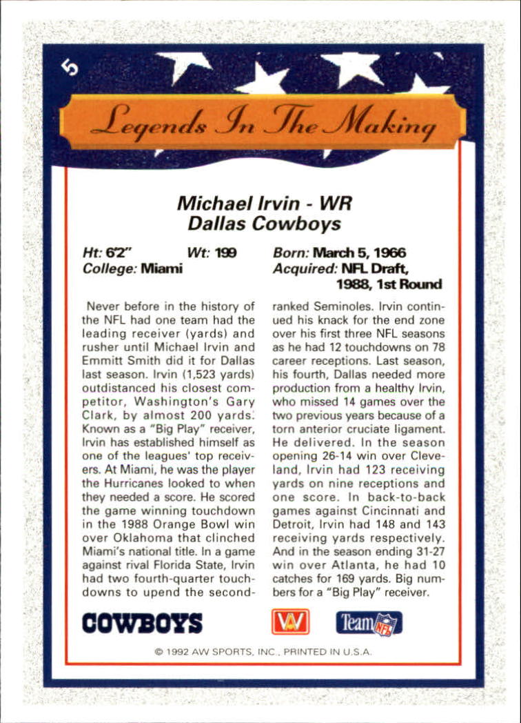 1992 All World #5 Michael Irvin LM back image