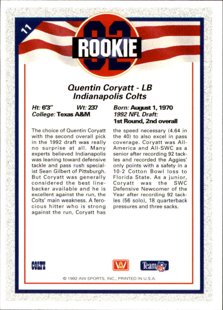1992 All World #11 Quentin Coryatt RC back image
