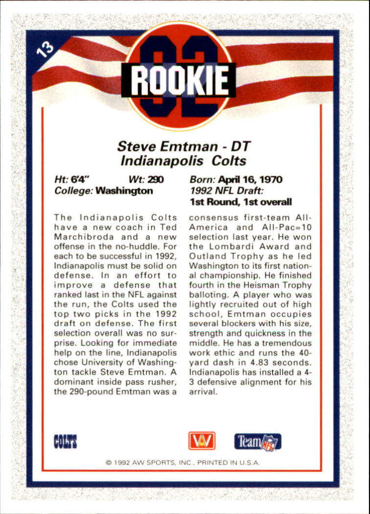 1992 All World #13 Steve Emtman RC back image