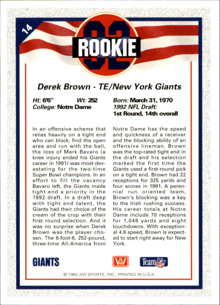 1992 All World #14 Derek Brown TE RC back image