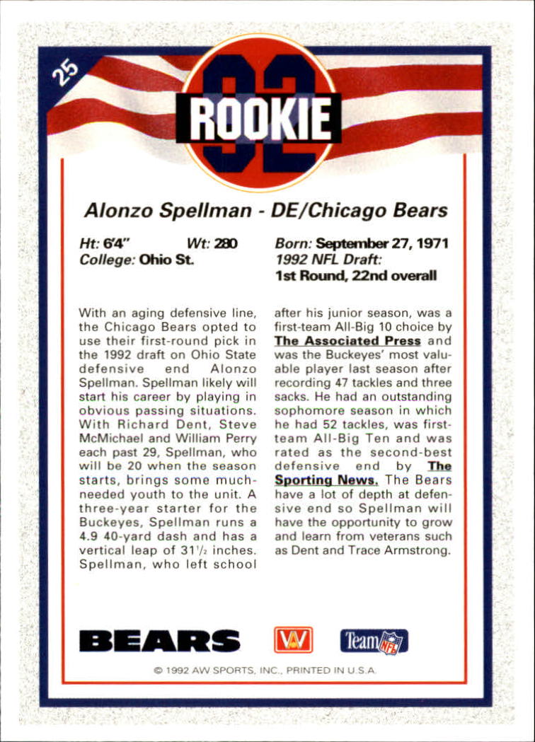 1992 All World #25 Alonzo Spellman RC back image