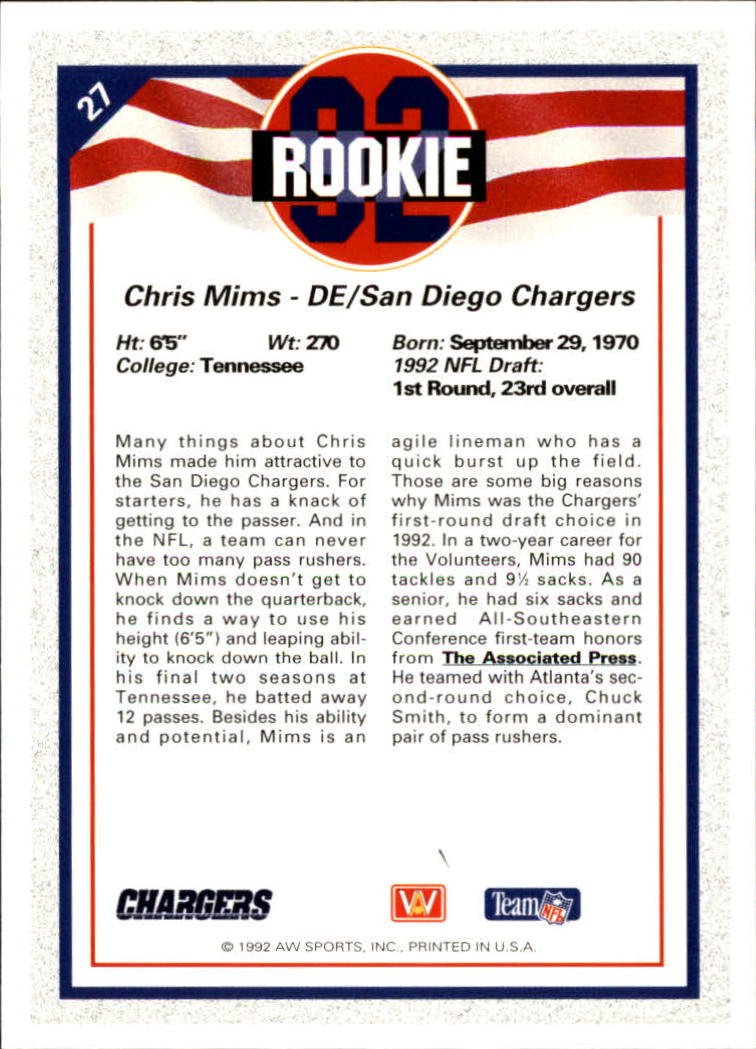 1992 All World #27 Chris Mims RC back image