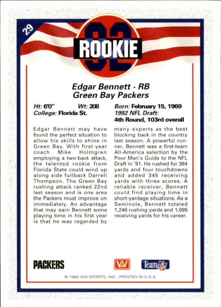 1992 All World #29 Edgar Bennett RC back image