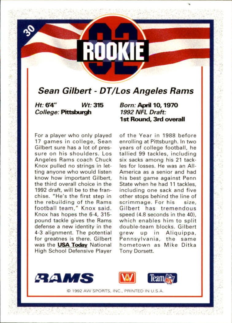 1992 All World #30 Sean Gilbert RC back image