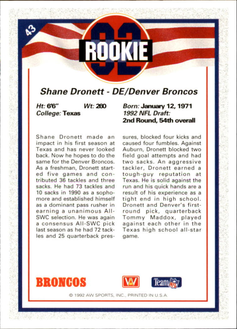 1992 All World #43 Shane Dronett RC back image