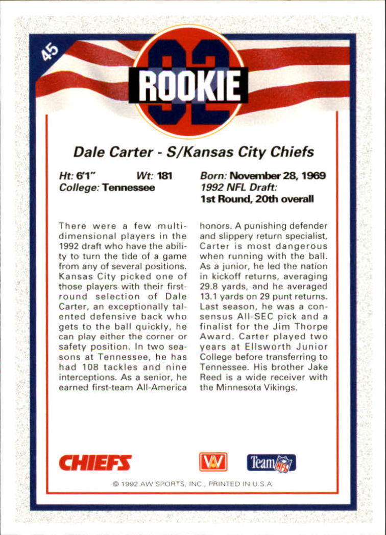 1992 All World #45 Dale Carter RC back image
