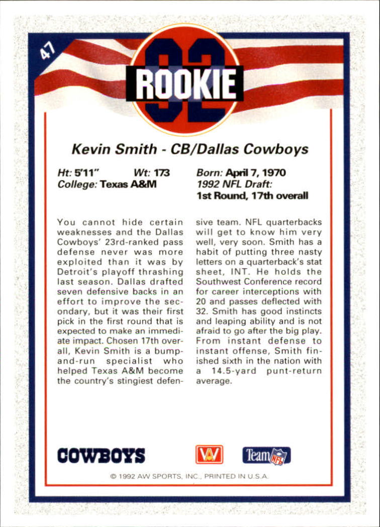 1992 All World #47 Kevin Smith RC back image