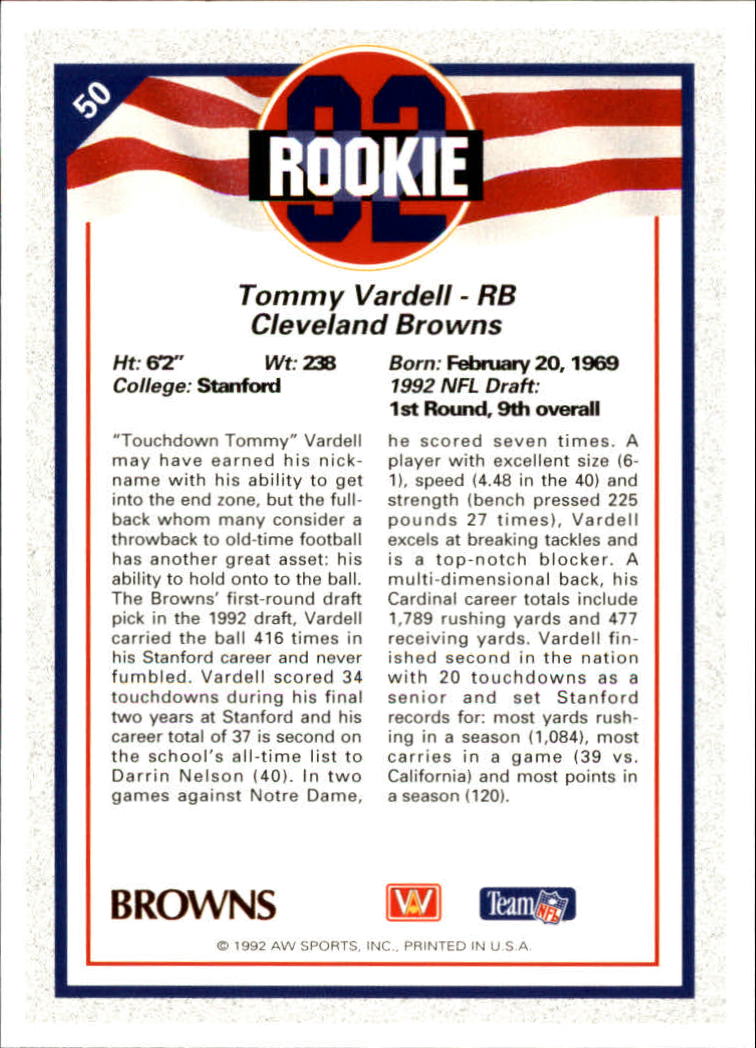 1992 All World #50 Tommy Vardell RC back image