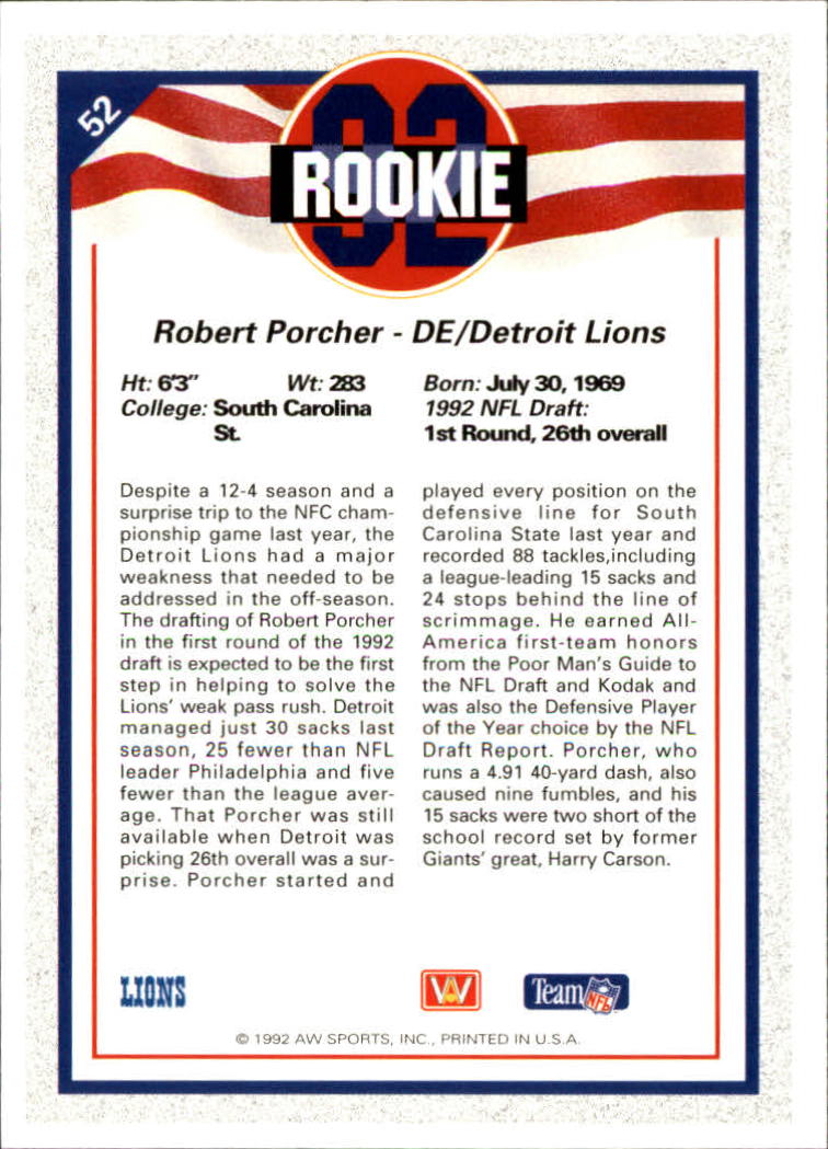 1992 All World #52 Robert Porcher RC back image