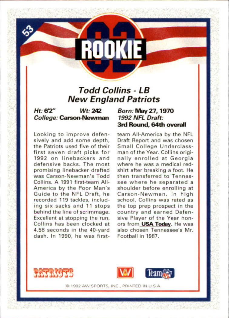 1992 All World #53 Todd Collins RC back image