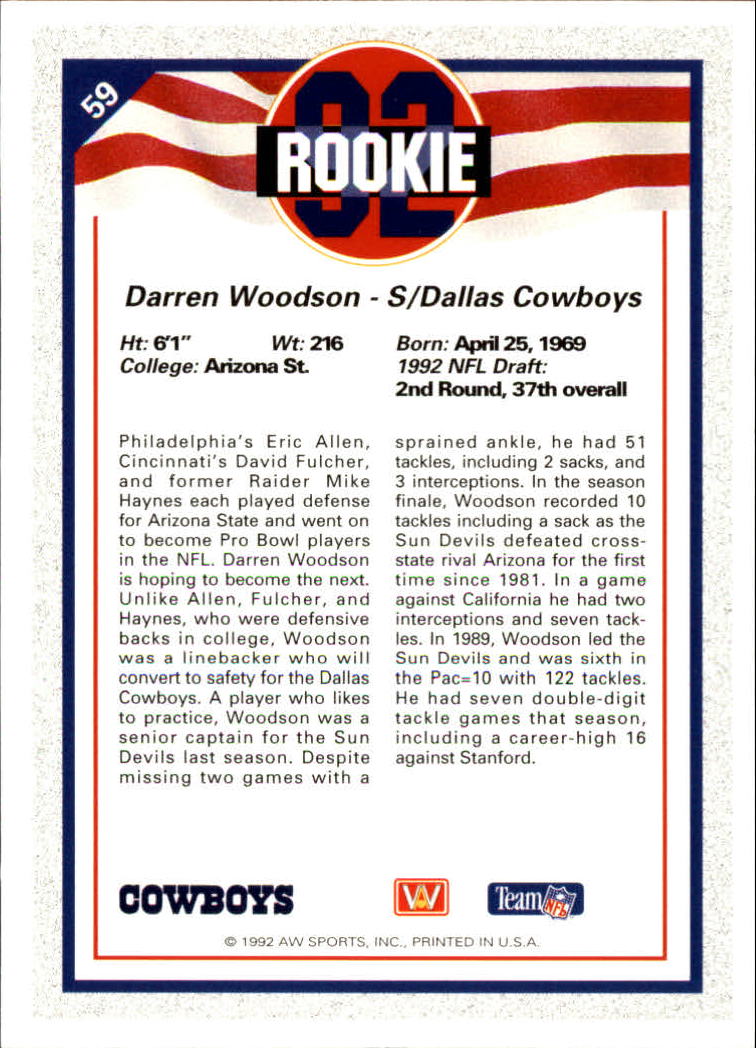1992 All World #59 Darren Woodson RC back image