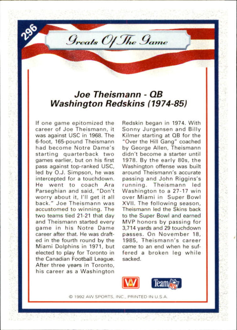 1992 All World #296 Joe Theismann GG back image