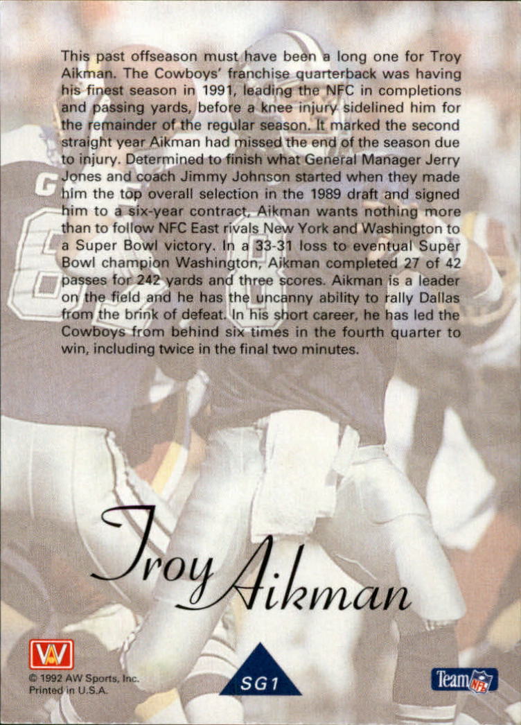 1992 All World Greats/Rookies #SG1 Troy Aikman back image