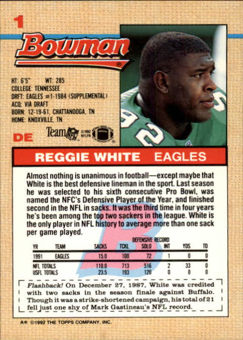 1992 Bowman #1 Reggie White back image