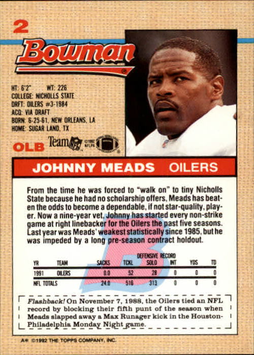 1992 Bowman #2 Johnny Meads back image
