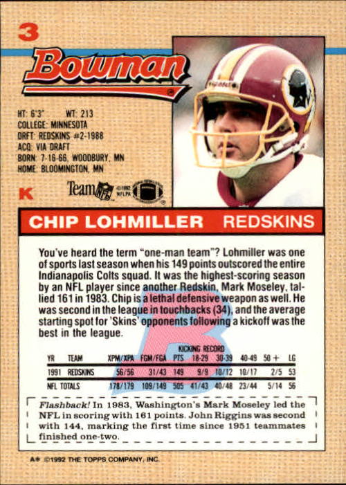 1992 Bowman #3 Chip Lohmiller back image