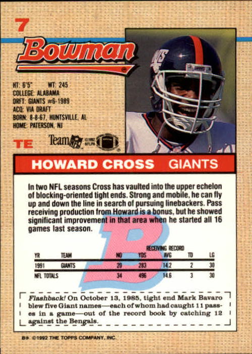 1992 Bowman #7 Howard Cross back image