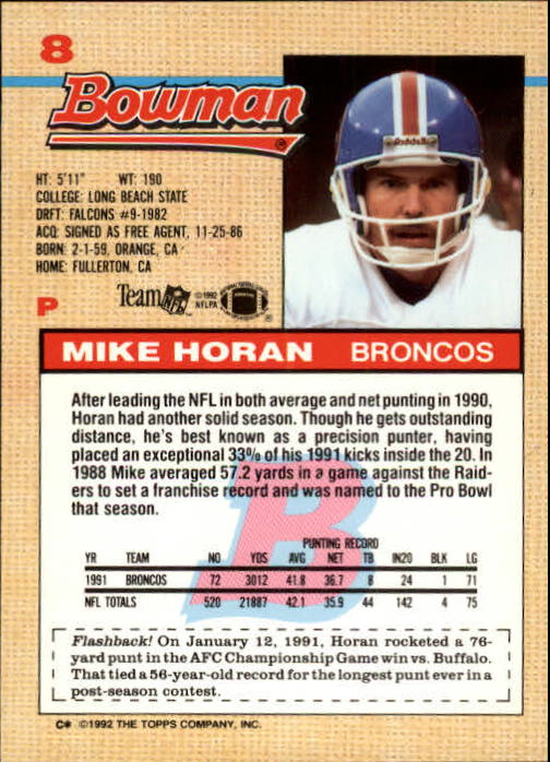 1992 Bowman #8 Mike Horan back image