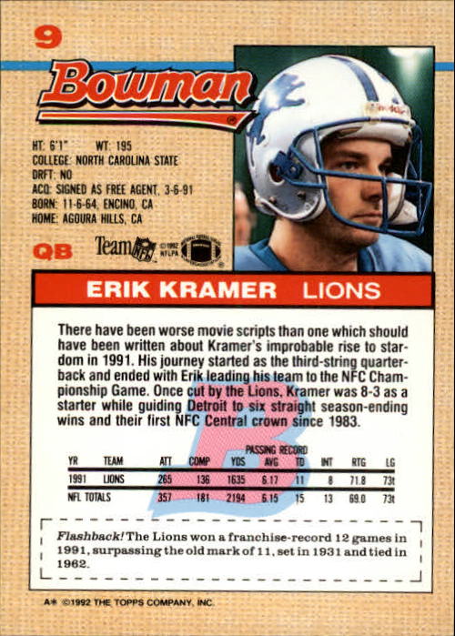 1992 Bowman #9 Erik Kramer back image
