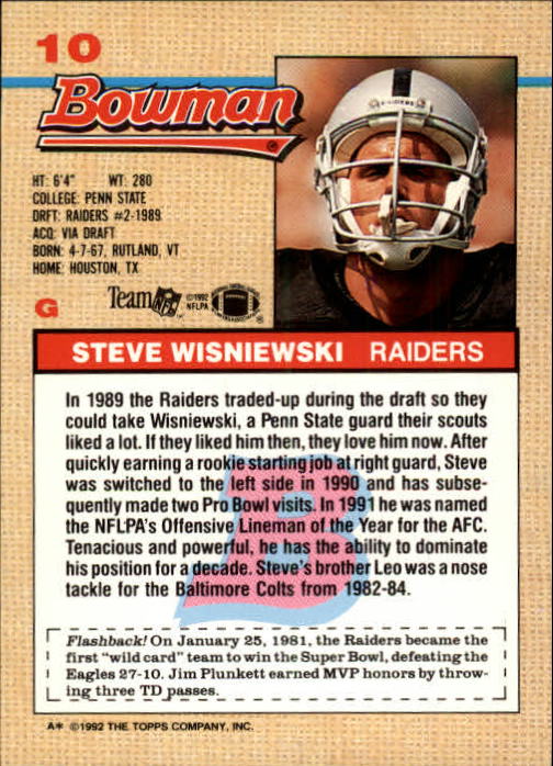 1992 Bowman #10 Steve Wisniewski back image