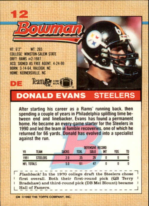 1992 Bowman #12 Donald Evans back image