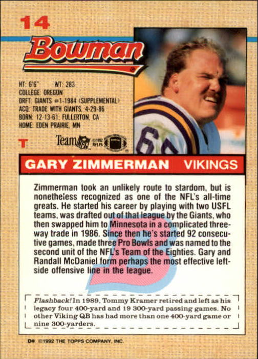 1992 Bowman #14 Gary Zimmerman back image