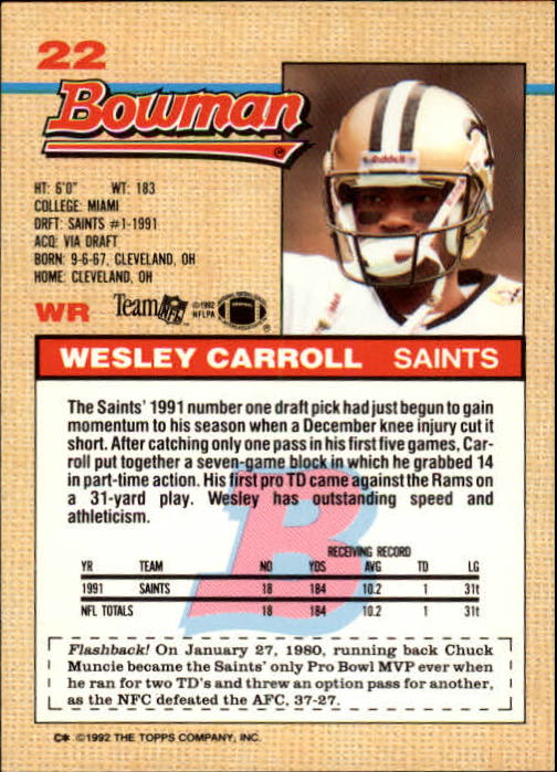 1992 Bowman #22 Wesley Carroll back image