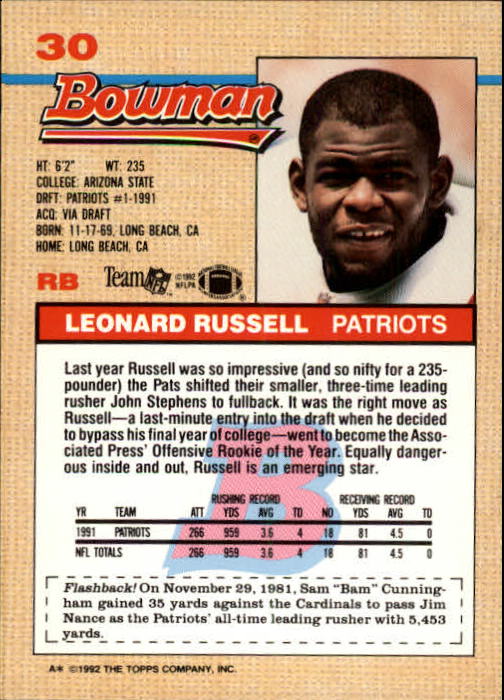 1992 Bowman #30 Leonard Russell back image