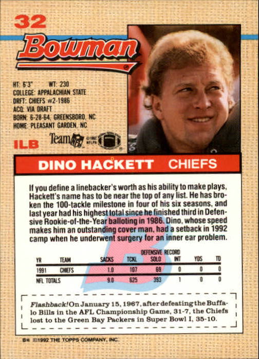 1992 Bowman #32 Dino Hackett back image