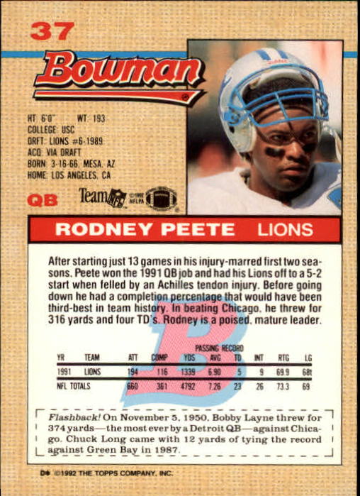 1992 Bowman #37 Rodney Peete back image