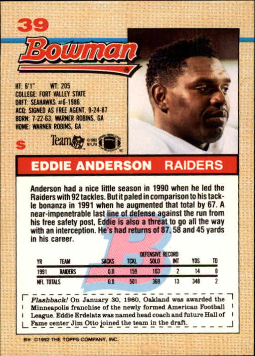 1992 Bowman #39 Eddie Anderson back image