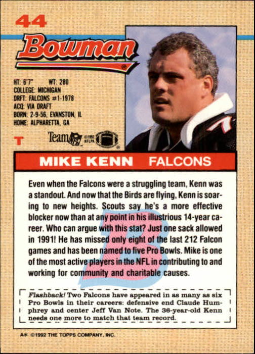 1992 Bowman #44 Mike Kenn back image