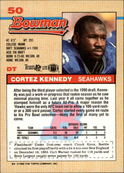 1992 Bowman #50 Cortez Kennedy back image