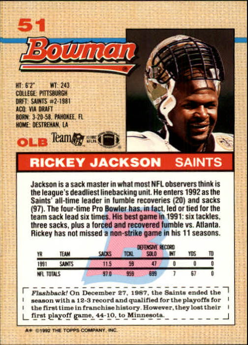 1992 Bowman #51 Rickey Jackson back image