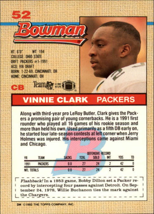 1992 Bowman #52 Vinnie Clark back image