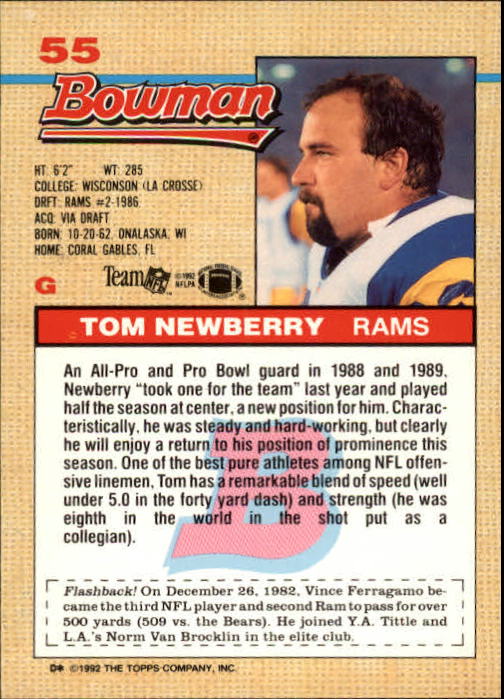 1992 Bowman #55 Tom Newberry back image