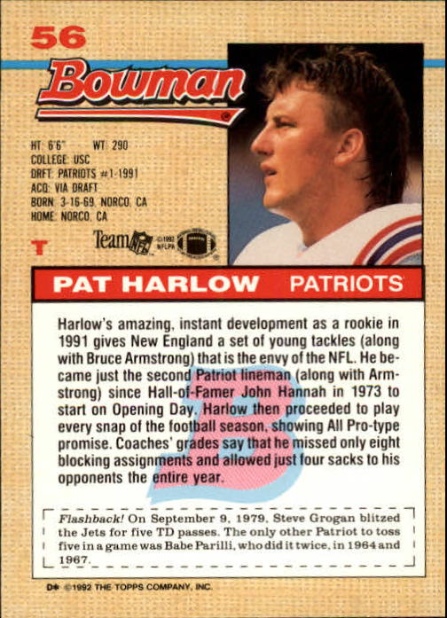 1992 Bowman #56 Pat Harlow back image