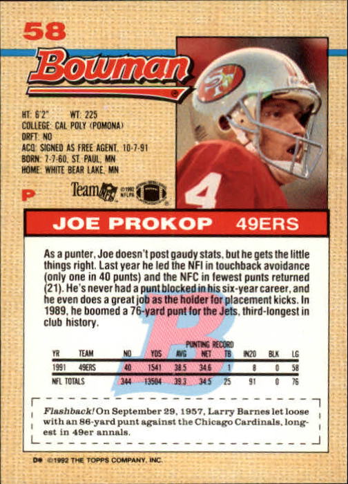 1992 Bowman #58 Joe Prokop back image
