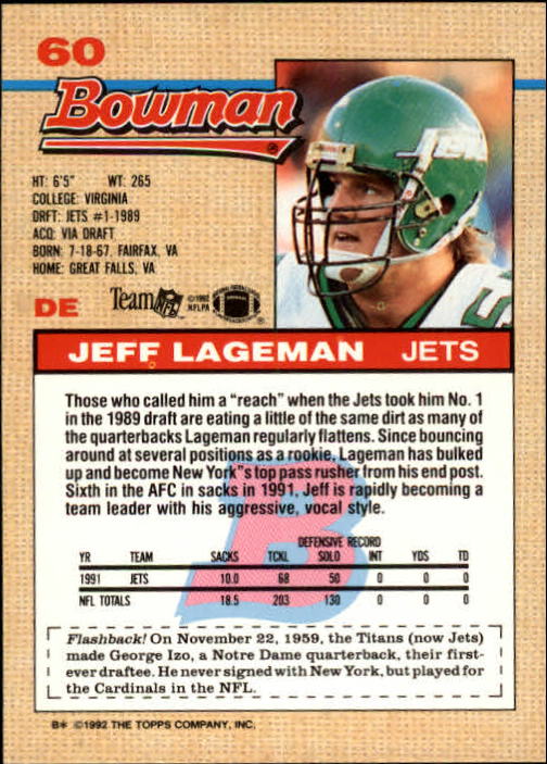 1992 Bowman #60 Jeff Lageman back image