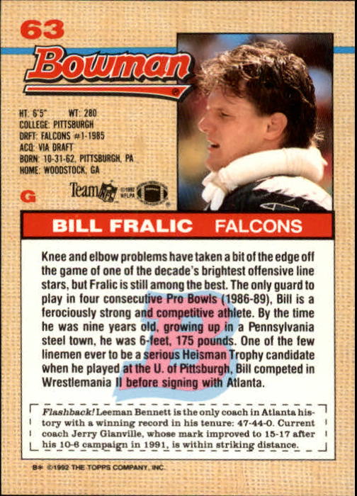 1992 Bowman #63 Bill Fralic back image