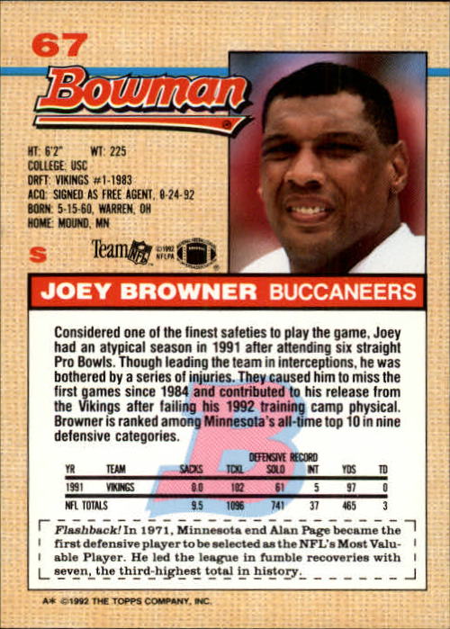 1992 Bowman #67 Joey Browner back image